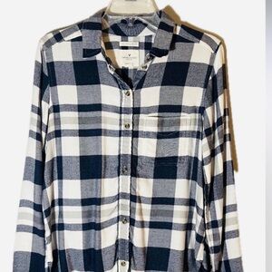 American Eagle Ahhmazingly Soft Boyfriend Fit Blue White Plaid Flannel Small
